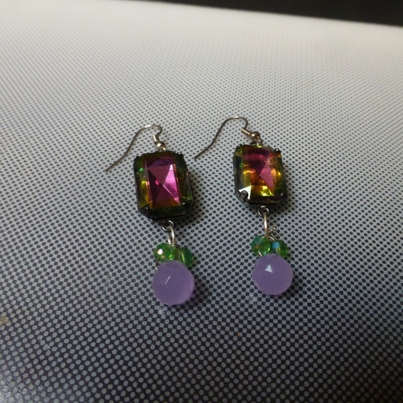 Runway statement earrings pink green faceted crystal amethystAurora drops